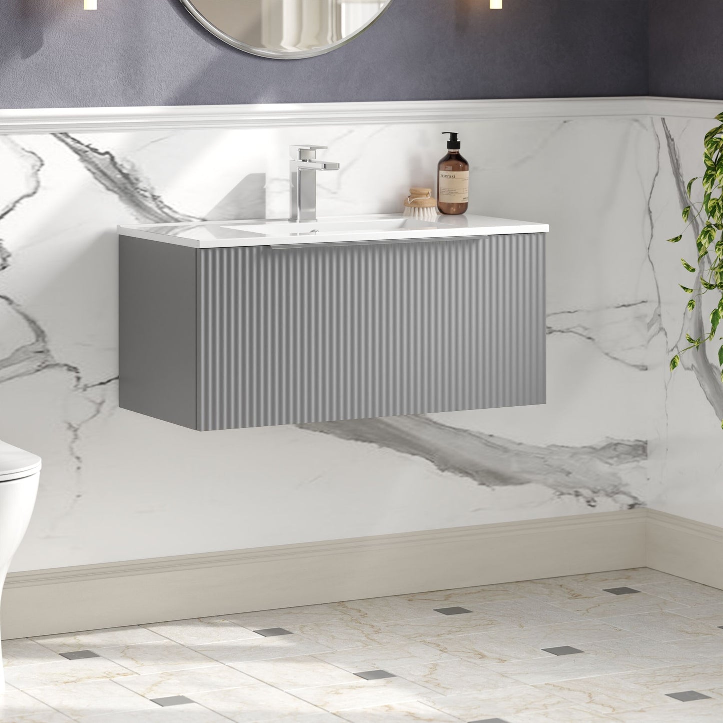 Hudson Reed Fluted 800mm Satin Grey Wall Hung Single Drawer Vanity Unit With Ceramic Basin
