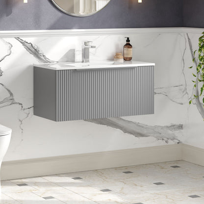 Hudson Reed Fluted 800mm Satin Grey Wall Hung Single Drawer Vanity Unit With Ceramic Basin