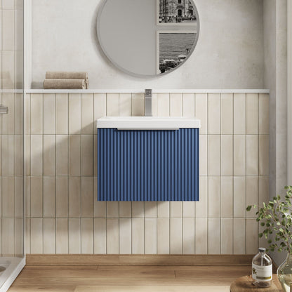 Balterley Fluted Wall Hung 1 Drawer Vanity Basin Unit with Ceramic Basin 500mm - Satin Blue