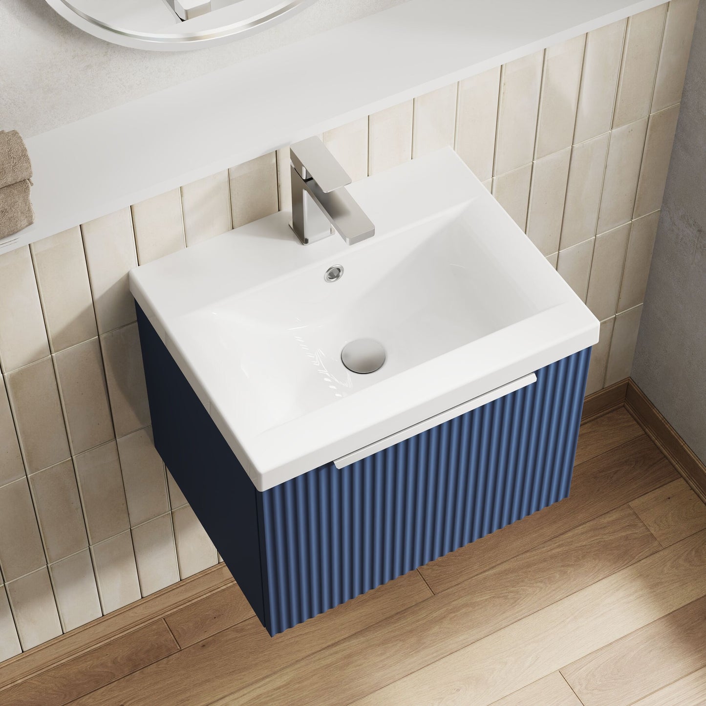 Balterley Fluted Wall Hung 1 Drawer Vanity Basin Unit with Ceramic Basin 500mm - Satin Blue