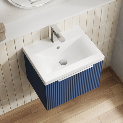 Balterley Fluted Wall Hung 1 Drawer Vanity Basin Unit with Ceramic Basin 500mm - Satin Blue