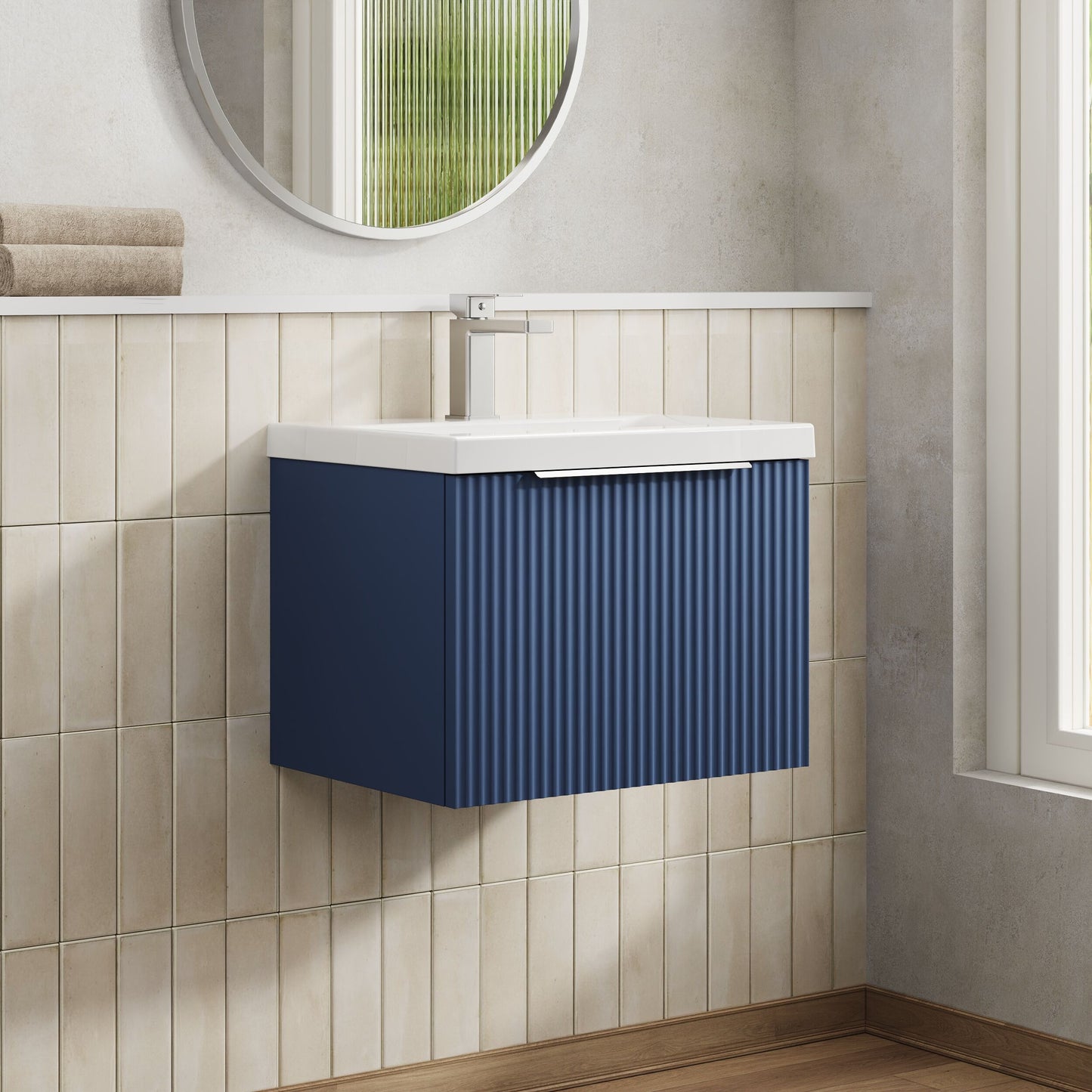Balterley Fluted Wall Hung 1 Drawer Vanity Basin Unit with Ceramic Basin 500mm - Satin Blue