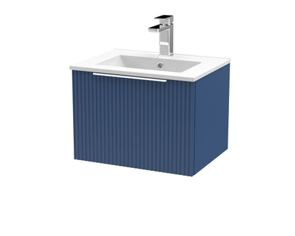 Hudson Reed Fluted 500mm Satin Blue Wall Hung Single Drawer Vanity Unit With Ceramic Basin