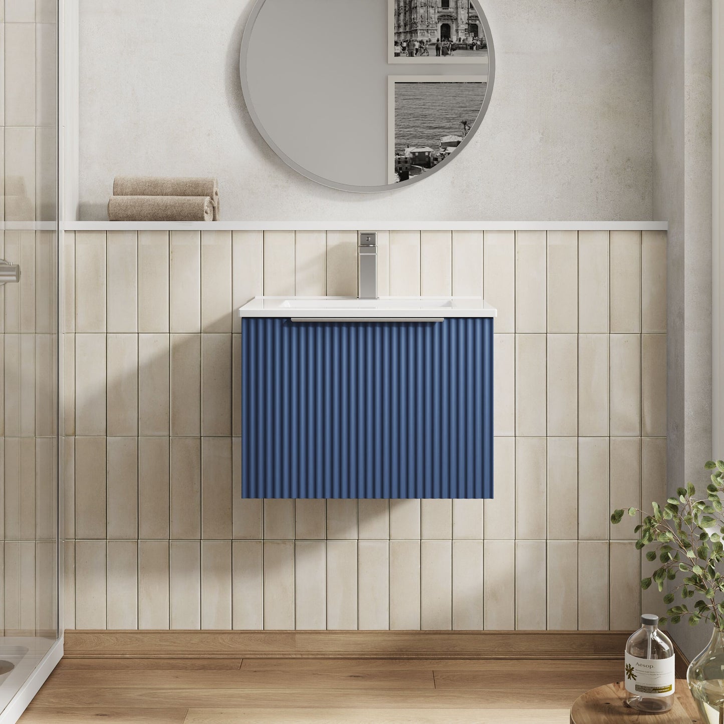 Hudson Reed Fluted 500mm Satin Blue Wall Hung Single Drawer Vanity Unit With Ceramic Basin