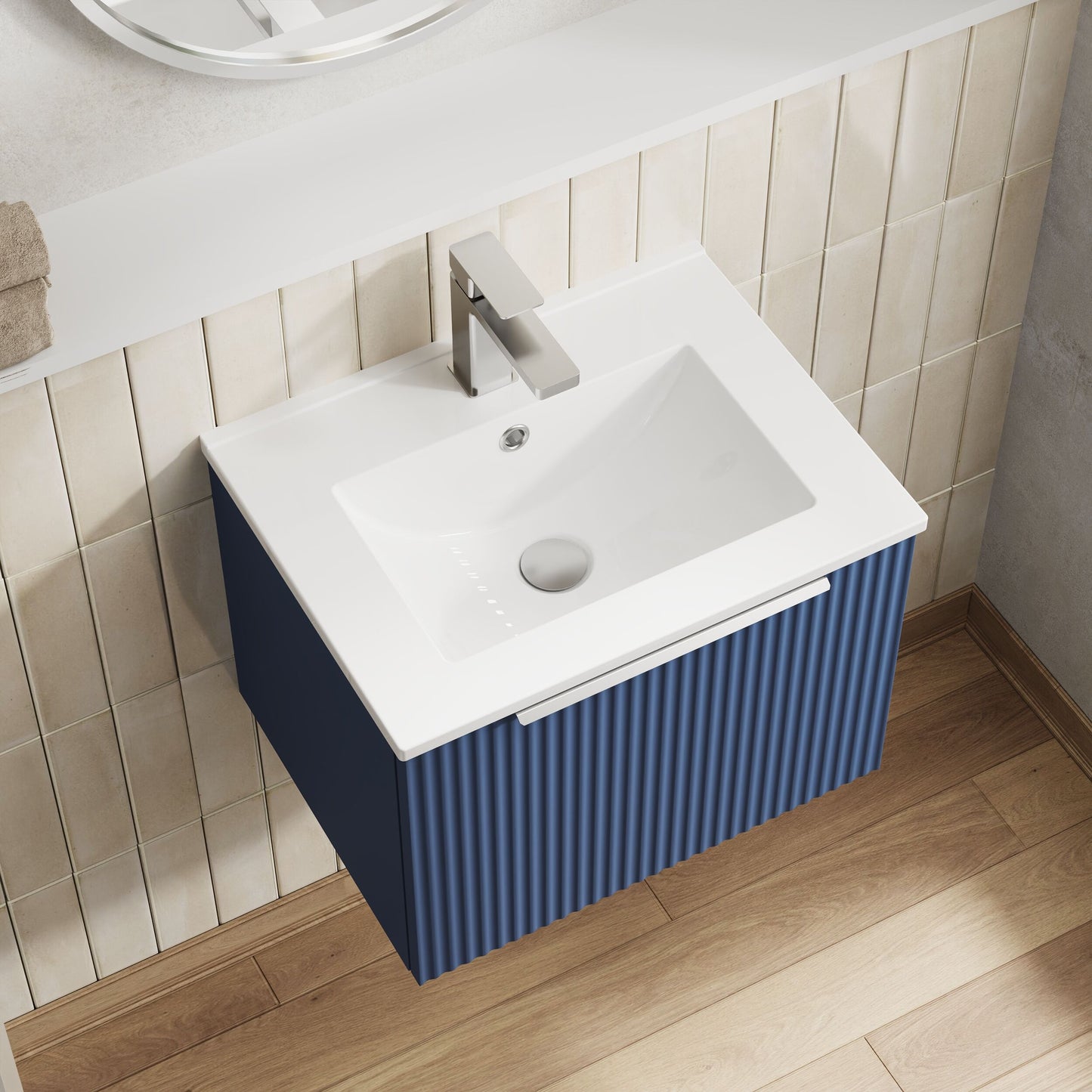 Hudson Reed Fluted 500mm Satin Blue Wall Hung Single Drawer Vanity Unit With Ceramic Basin