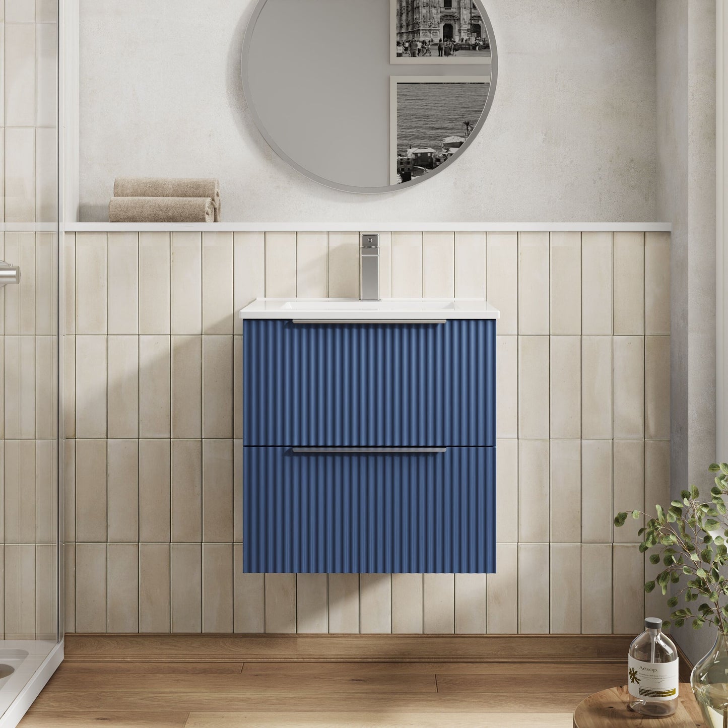 Hudson Reed Fluted 500mm Satin Blue Wall Hung 2-Drawer Vanity Unit With Basin