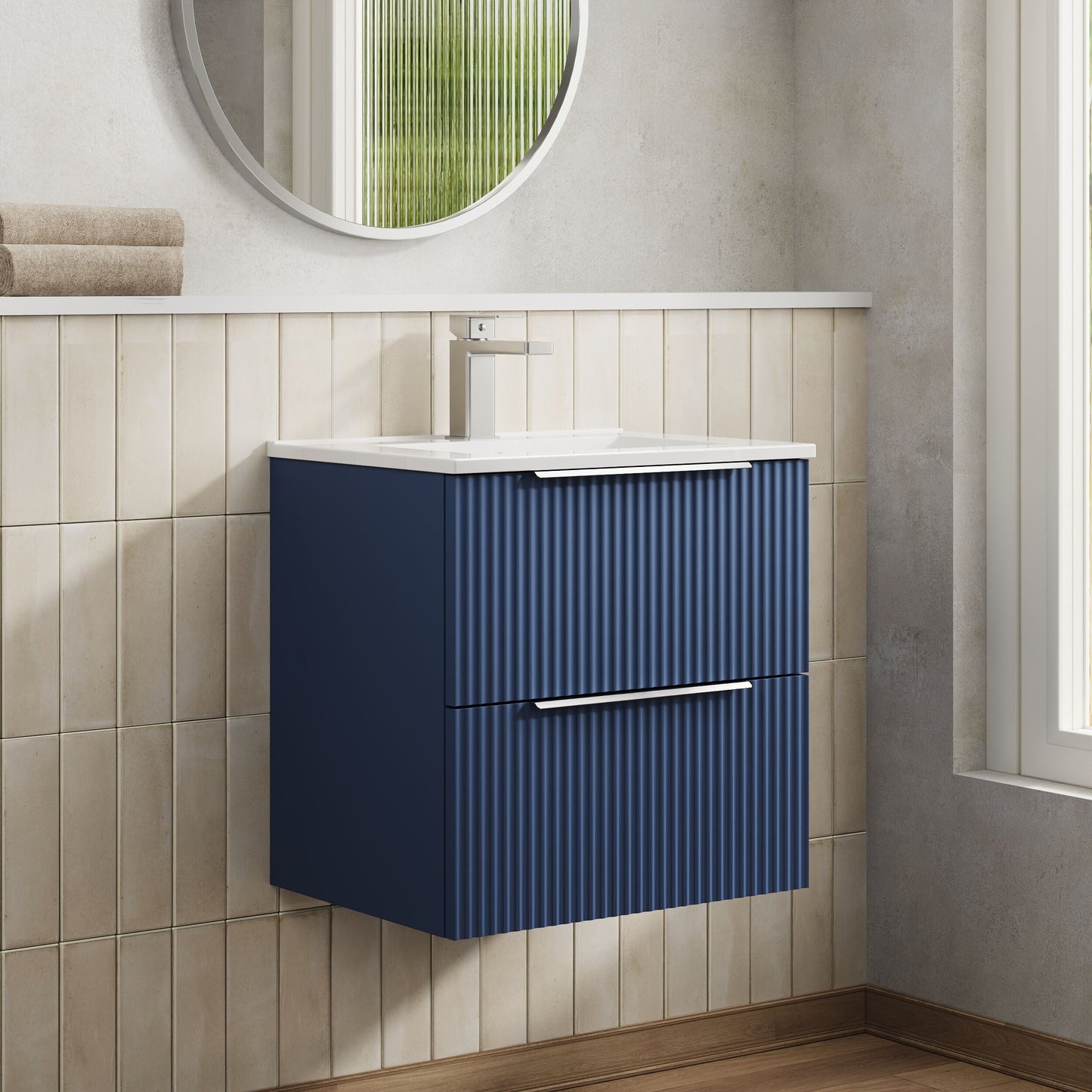 Hudson Reed Fluted 500mm Satin Blue Wall Hung 2-Drawer Vanity Unit With Basin