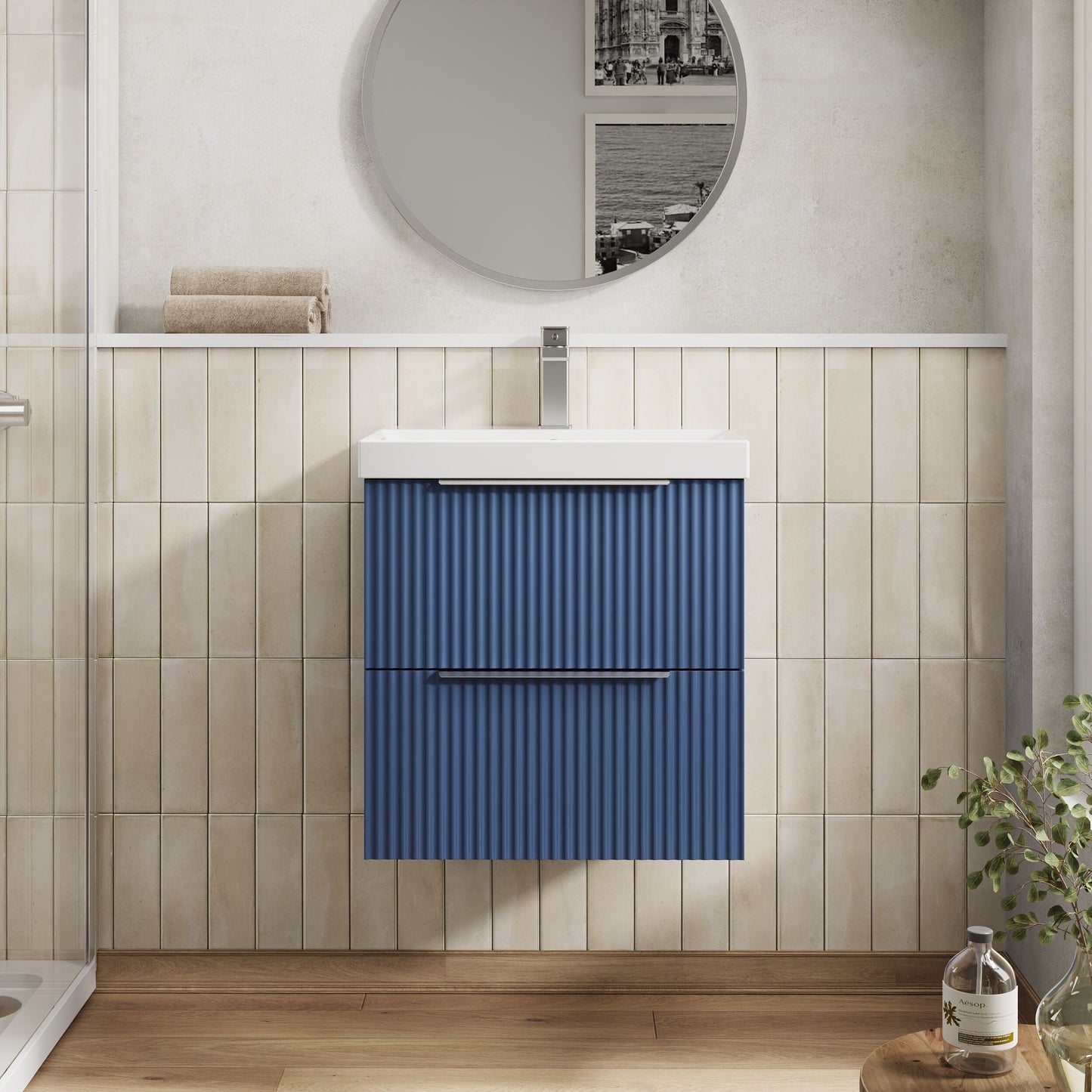 Hudson Reed Fluted 500mm Satin Blue Wall Hung 2-Drawer Vanity Unit with Basin
