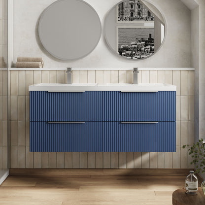 Balterley Fluted Wall Hung 4 Drawer Vanity Basin Unit with Double Polymarble Basin 1200mm - Satin Blue