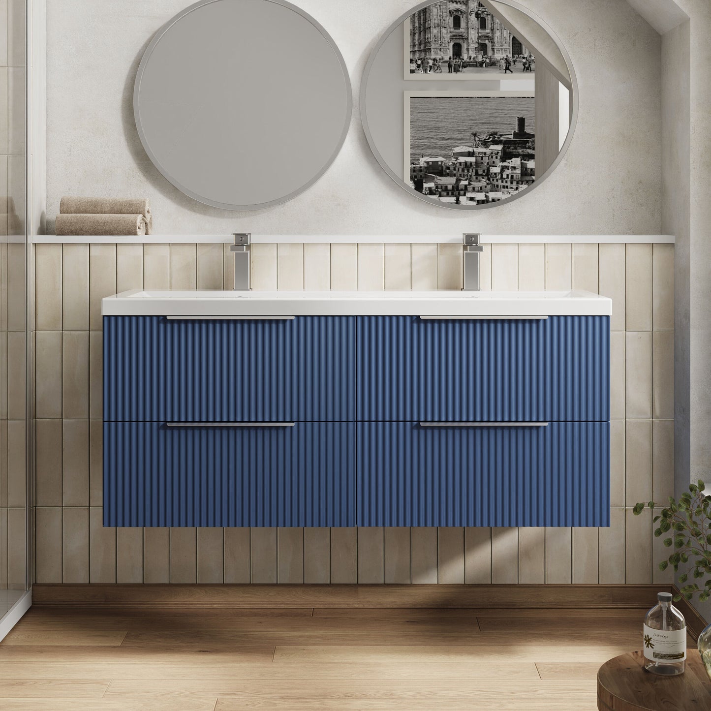 Hudson Reed Fluted 1200mm Wall Hung 4-Drawer Double Basin Vanity Unit with Ceramic Basin