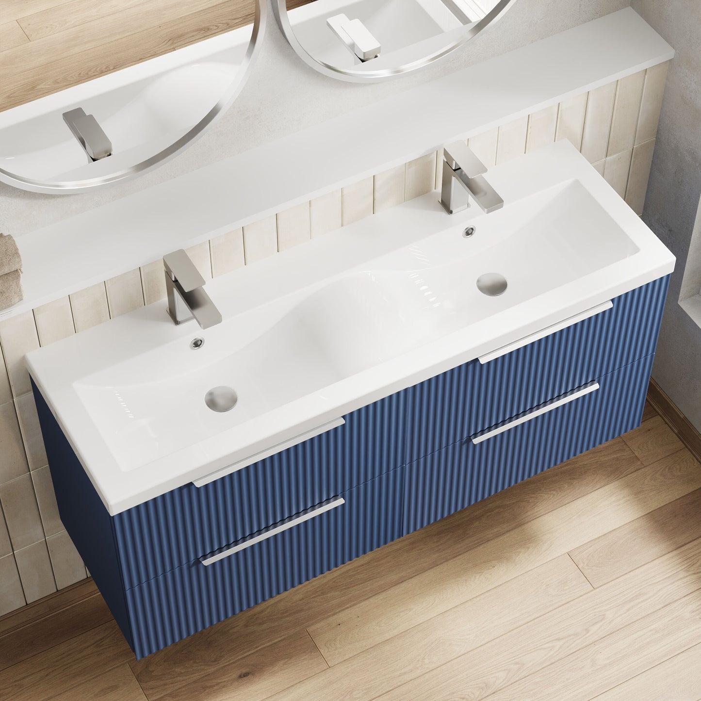 Hudson Reed Fluted 1200mm Wall Hung 4-Drawer Double Basin Vanity Unit with Ceramic Basin