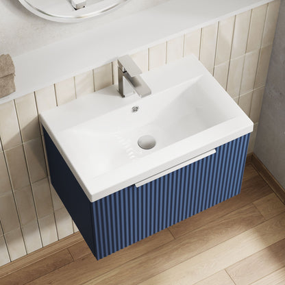Balterley Fluted Wall Hung 1 Drawer Vanity Basin Unit with Ceramic Basin 600mm - Satin Blue