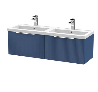 Balterley Fluted Wall Hung 2 Drawer Vanity Basin Unit with Double Polymarble Basin 1200mm - Satin Blue