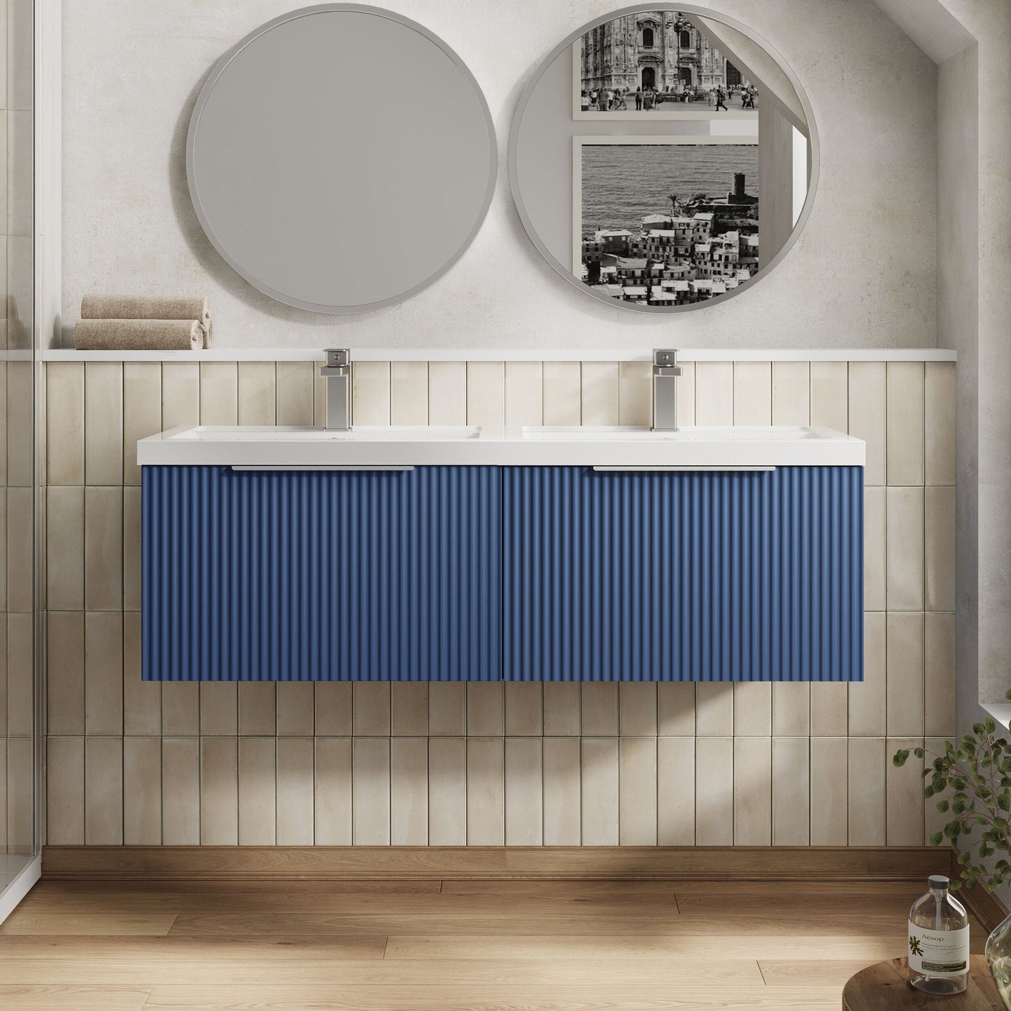 Balterley Fluted Wall Hung 2 Drawer Vanity Basin Unit with Double Polymarble Basin 1200mm - Satin Blue
