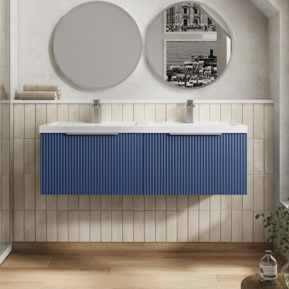 Balterley Fluted Wall Hung 2 Drawer Vanity Basin Unit with Double Polymarble Basin 1200mm - Satin Blue