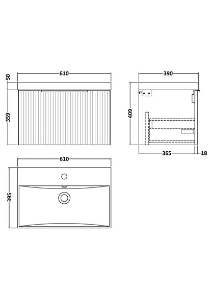 Hudson Reed Fluted 600mm Wall Hung Single Drawer Vanity and Thin-Edge Basin