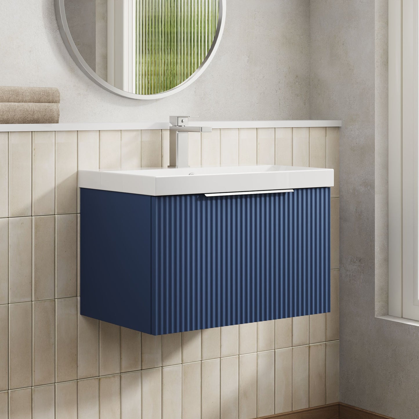 Hudson Reed Fluted 600mm Wall Hung Single Drawer Vanity and Thin-Edge Basin