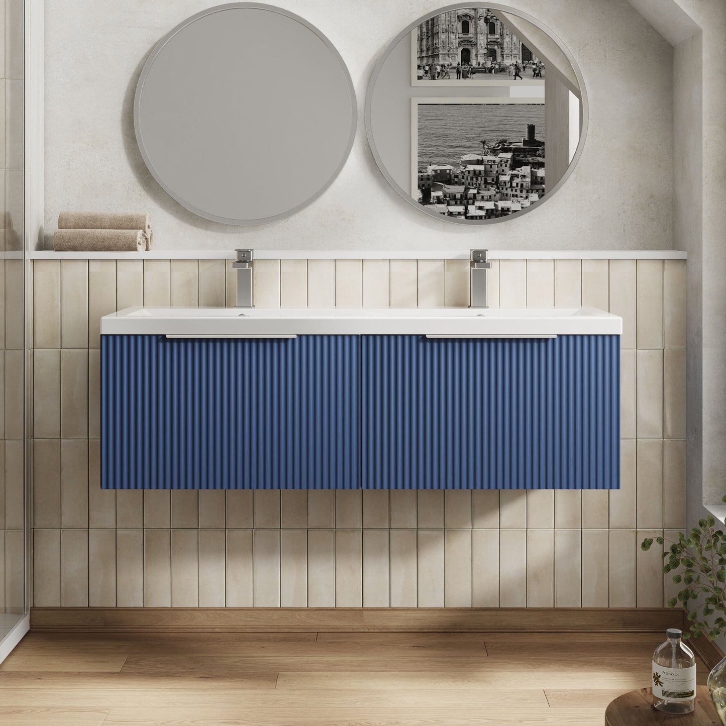 Hudson Reed Fluted 1200mm Satin Blue Wall Hung 2-Drawer Vanity Unit with Double Basin
