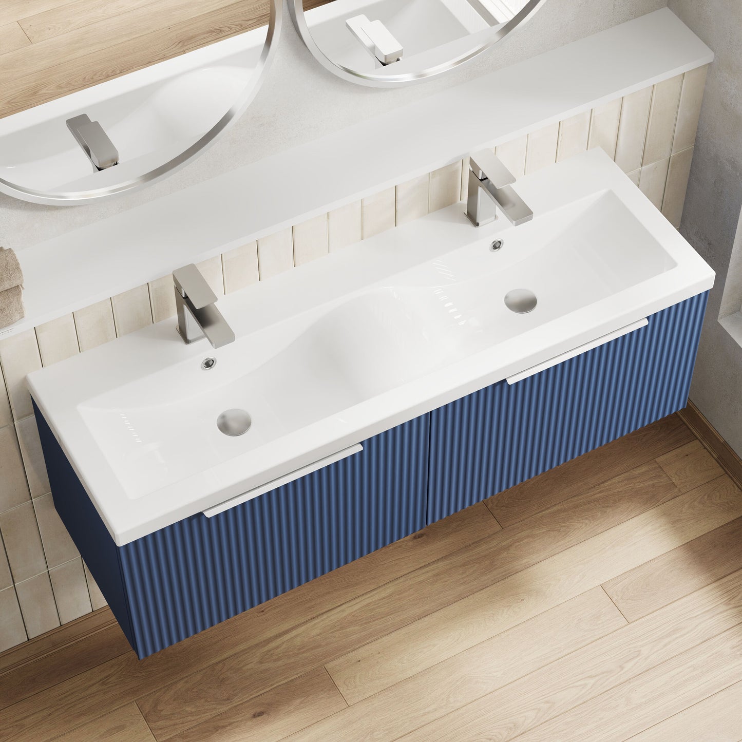 Hudson Reed Fluted 1200mm Satin Blue Wall Hung 2-Drawer Vanity Unit with Double Basin