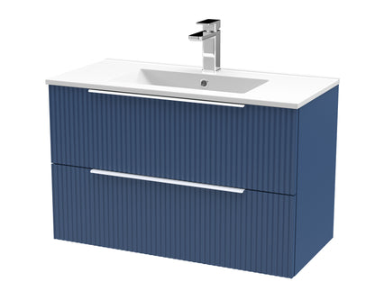 Hudson Reed Fluted 800mm Satin Blue Wall Hung 2-Drawer Vanity Unit With Basin