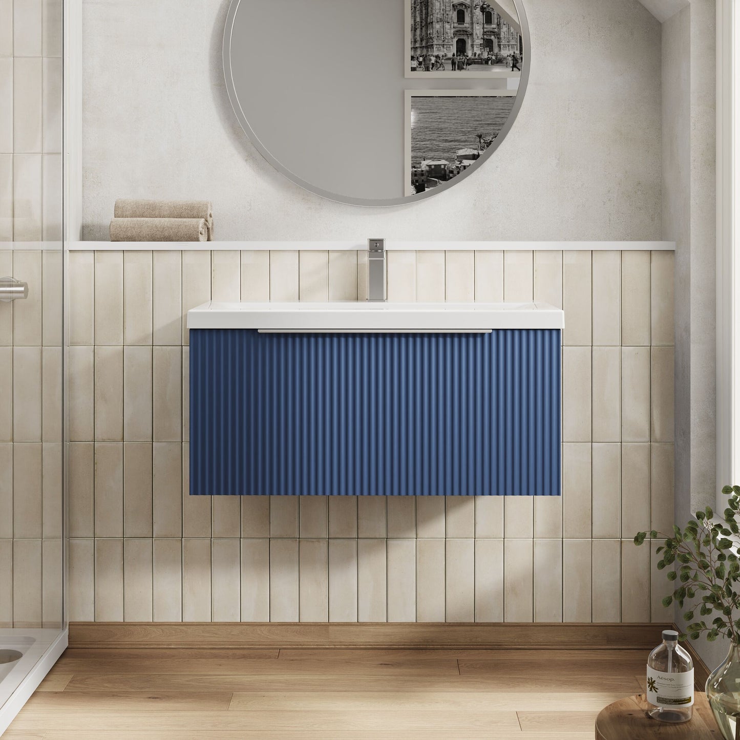 Balterley Fluted Wall Hung 1 Drawer Vanity Basin Unit with Ceramic Basin 800mm - Satin Blue