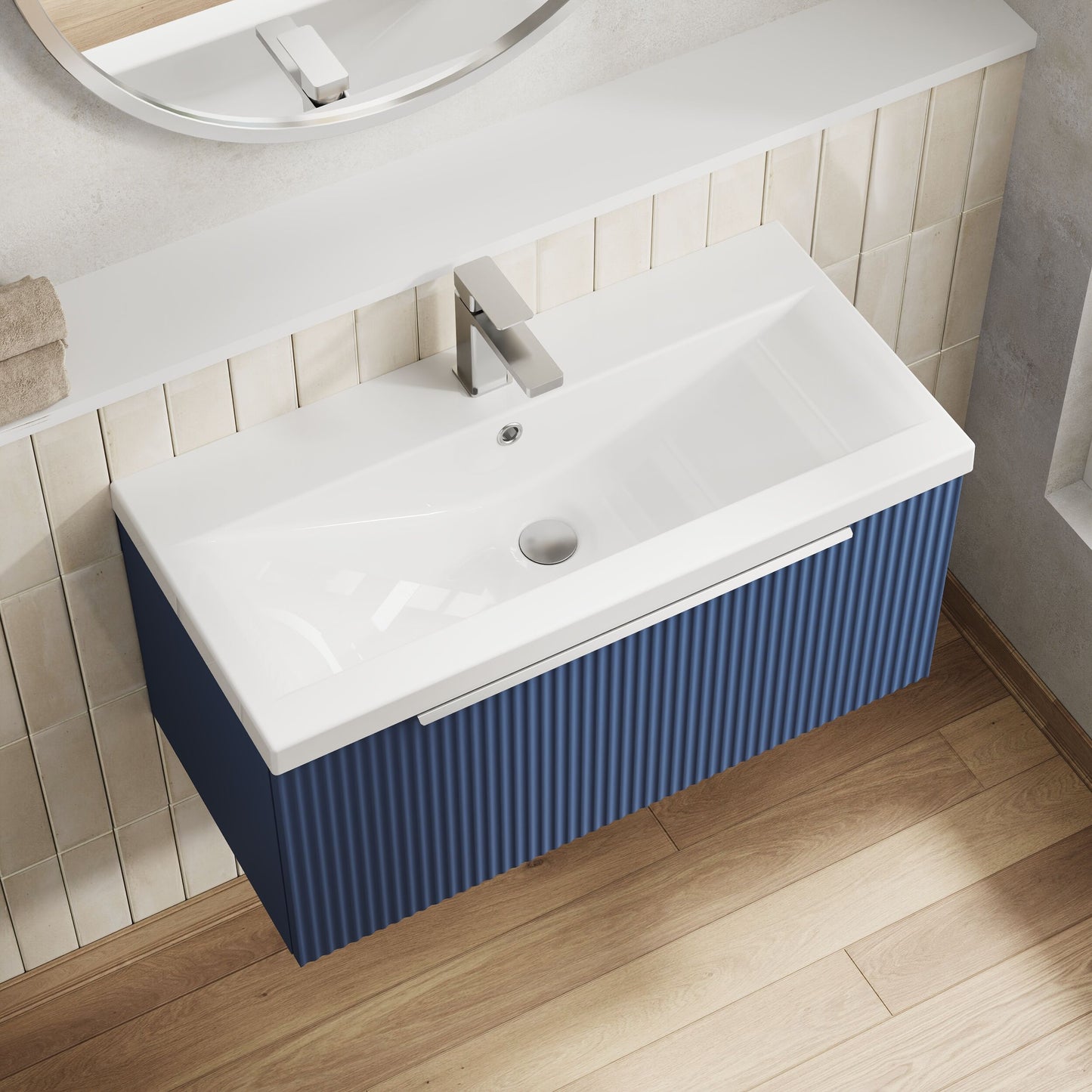 Balterley Fluted Wall Hung 1 Drawer Vanity Basin Unit with Ceramic Basin 800mm - Satin Blue