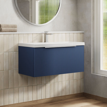 Balterley Fluted Wall Hung 1 Drawer Vanity Basin Unit with Ceramic Basin 800mm - Satin Blue