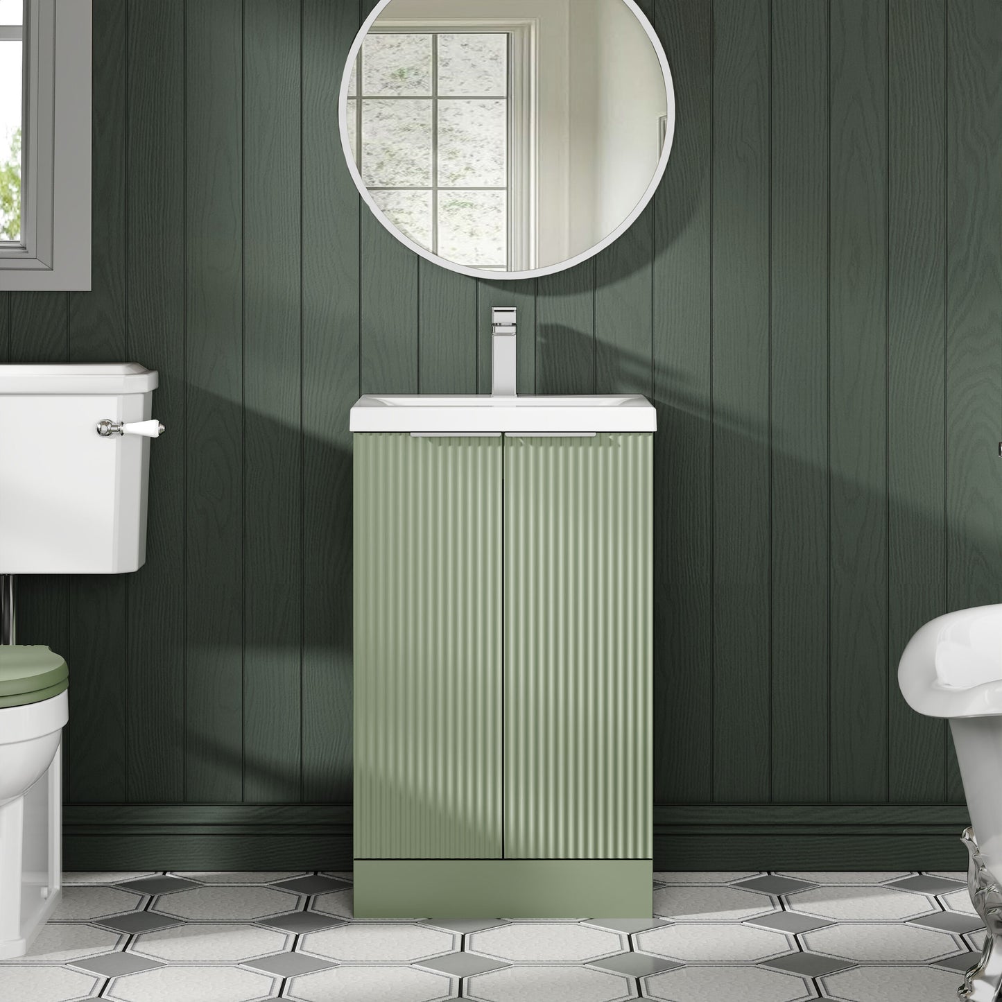 Balterley Fluted Front Floor Standing 2 Door Vanity Basin Unit with Ceramic Basin 500mm - Satin Green