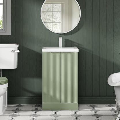 Balterley Fluted Front Floor Standing 2 Door Vanity Basin Unit with Ceramic Basin 500mm - Satin Green
