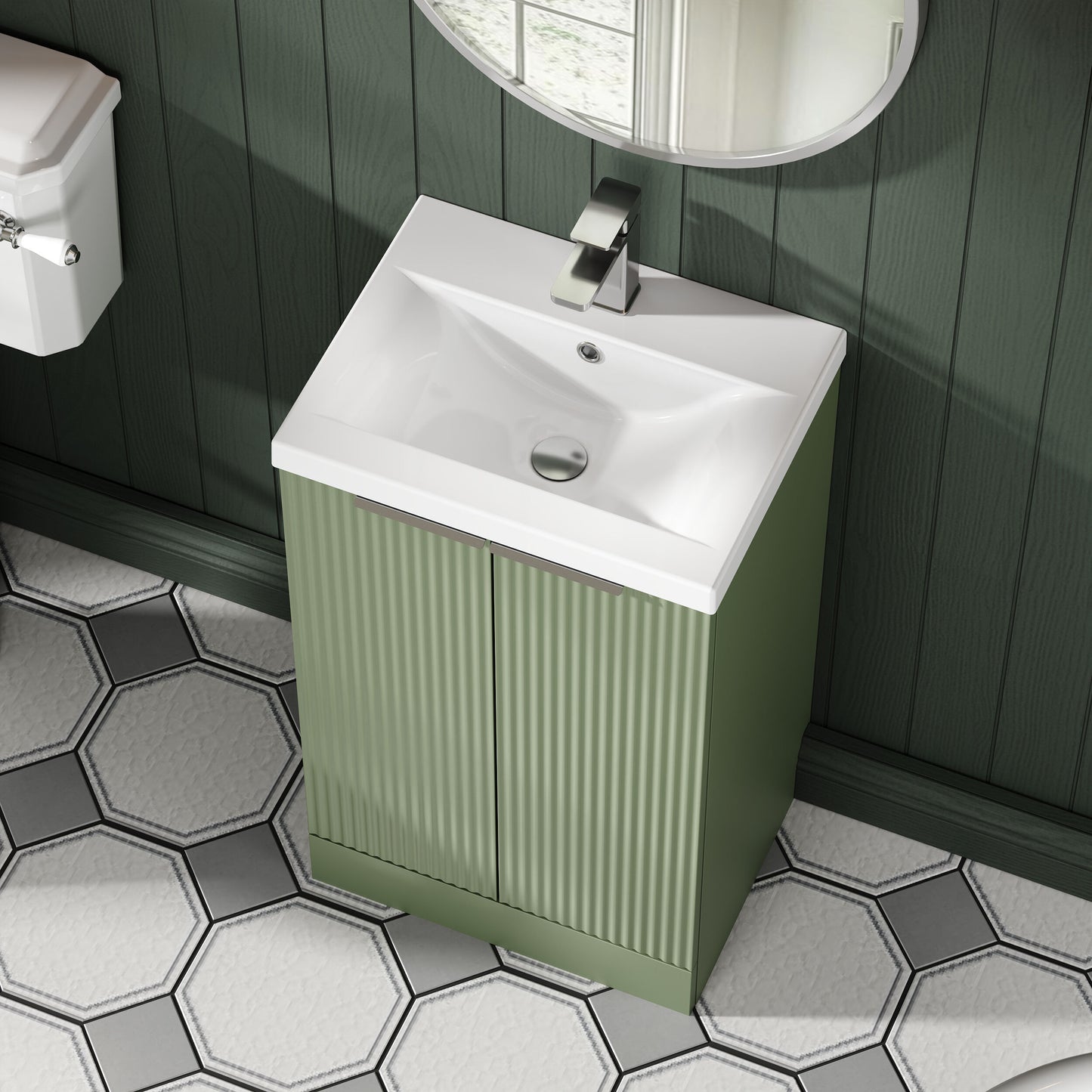 Balterley Fluted Front Floor Standing 2 Door Vanity Basin Unit with Ceramic Basin 500mm - Satin Green