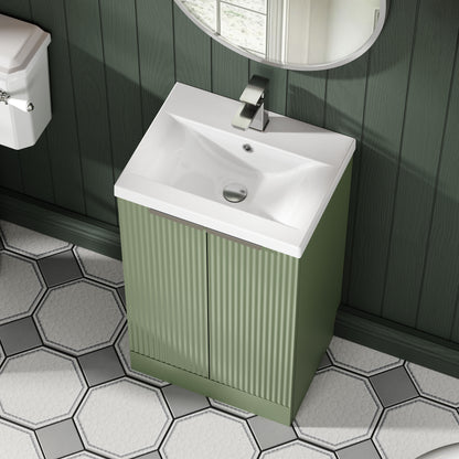 Balterley Fluted Front Floor Standing 2 Door Vanity Basin Unit with Ceramic Basin 500mm - Satin Green