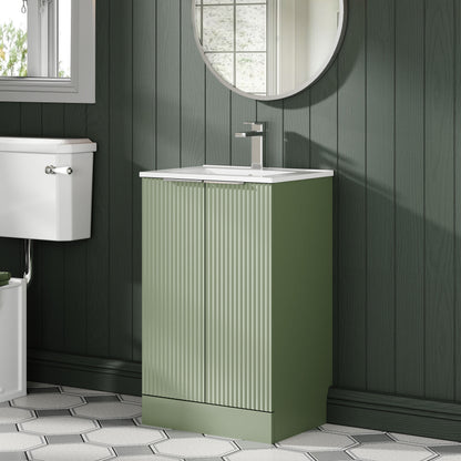 Hudson Reed Fluted 500mm Satin Green Floor Standing 2-Door Vanity Unit With Basin