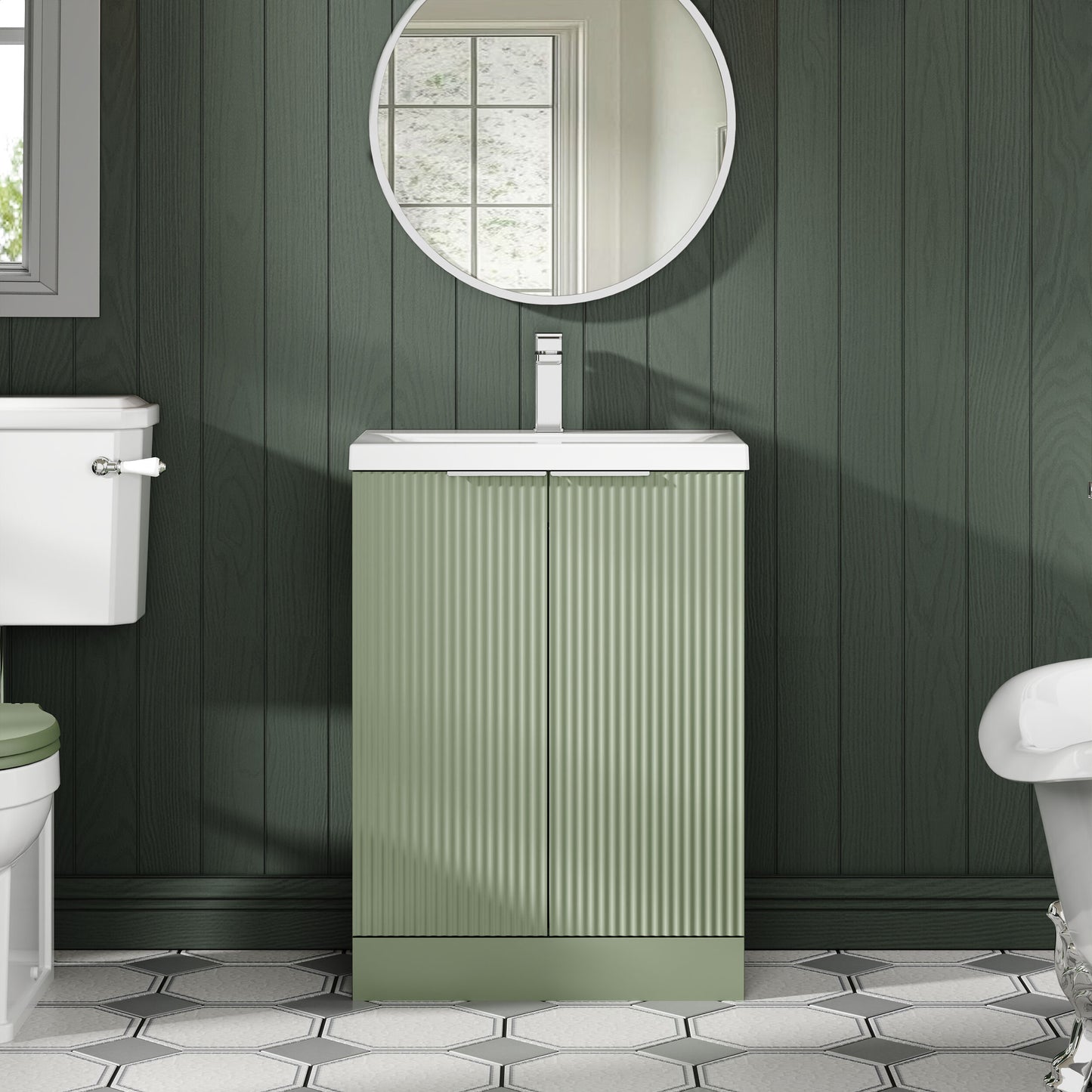 Balterley Fluted Front Floor Standing 2 Door Vanity Basin Unit with Ceramic Basin 600mm - Satin Green