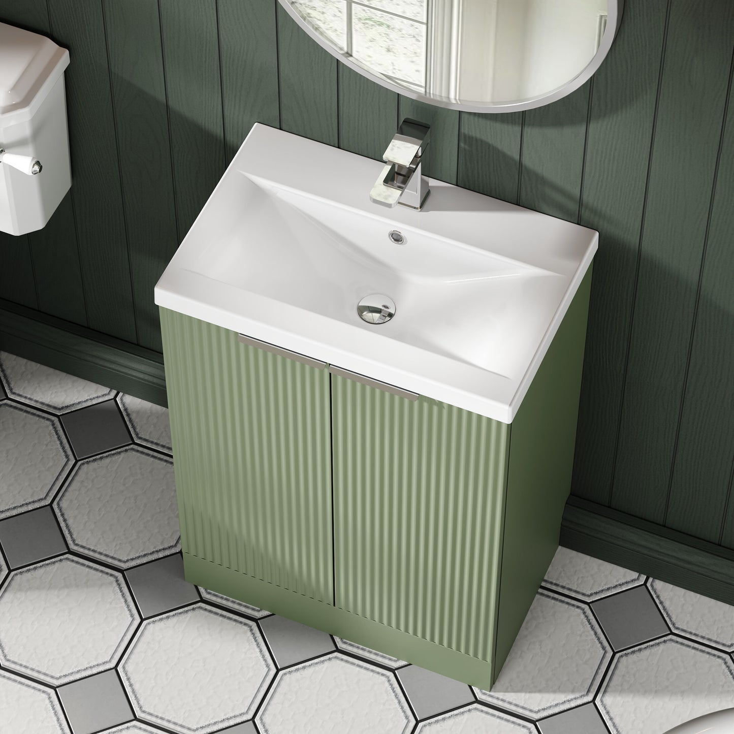 Balterley Fluted Front Floor Standing 2 Door Vanity Basin Unit with Ceramic Basin 600mm - Satin Green