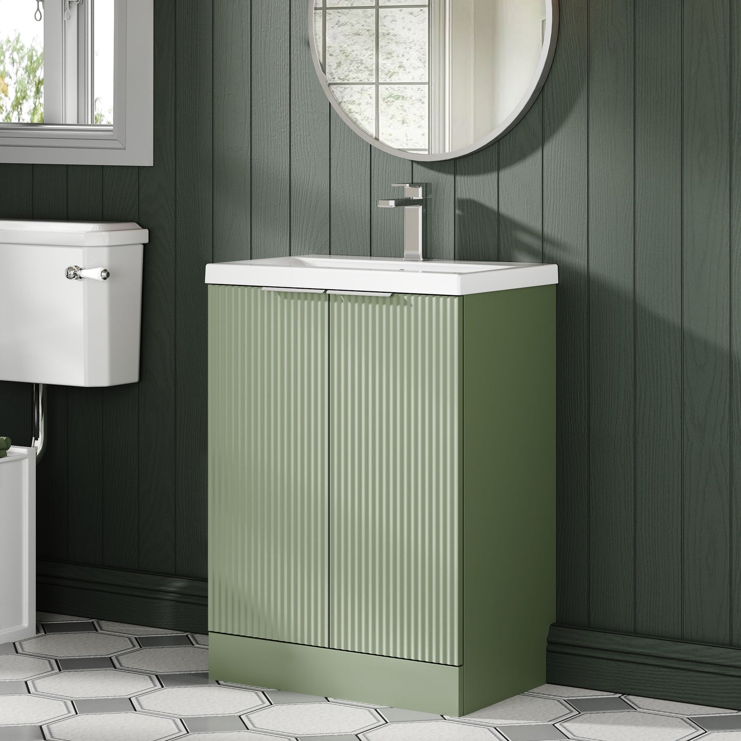 Balterley Fluted Front Floor Standing 2 Door Vanity Basin Unit with Ceramic Basin 600mm - Satin Green