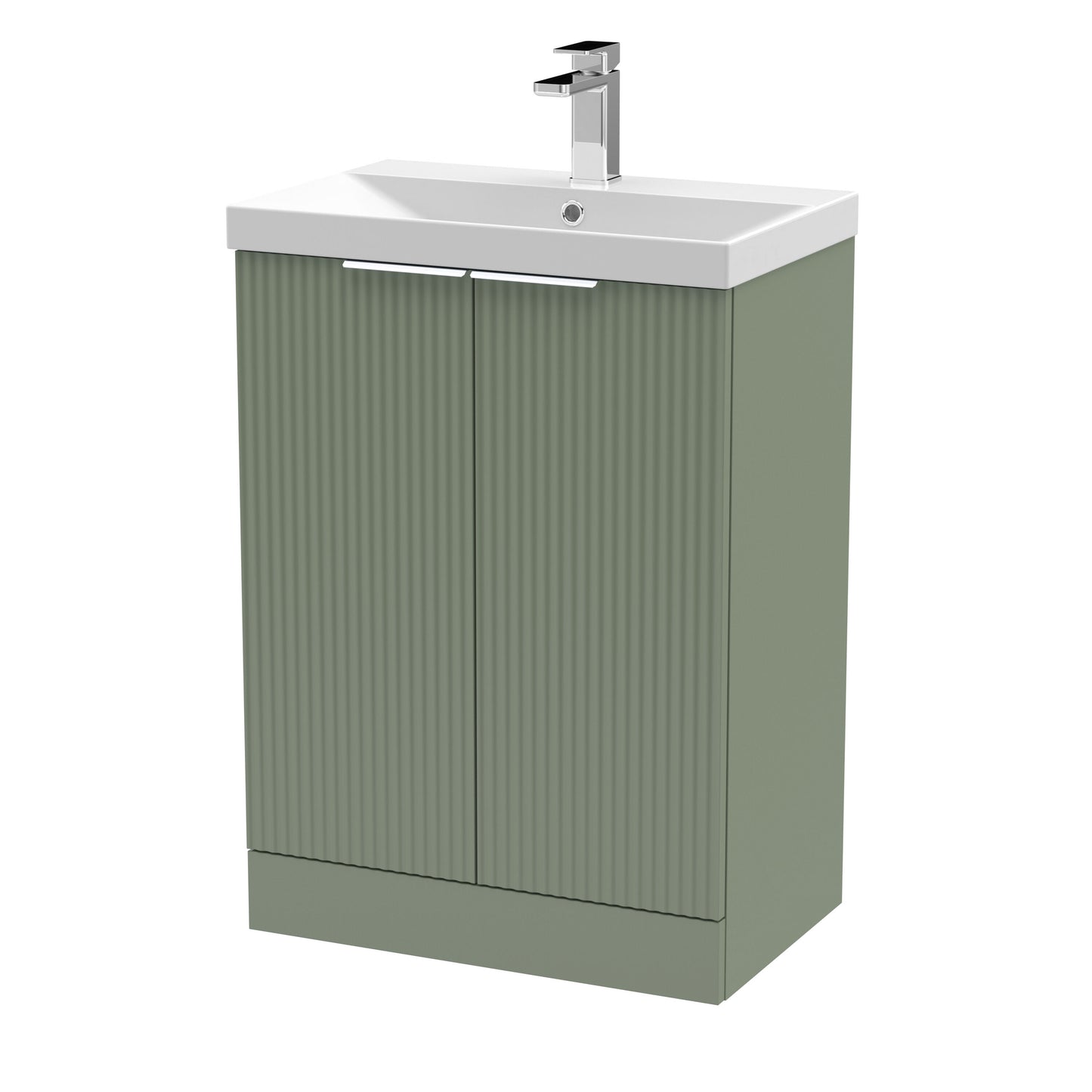 Hudson Reed Fluted 600mm Satin Green Floor Standing 2-Door Vanity Unit With Basin