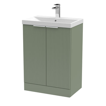 Hudson Reed Fluted 600mm Satin Green Floor Standing 2-Door Vanity Unit With Basin