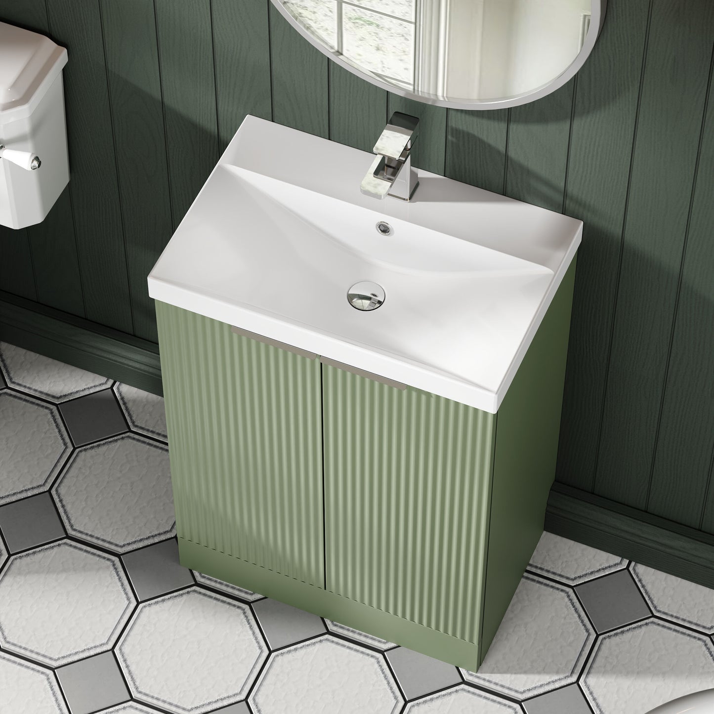 Hudson Reed Fluted 600mm Satin Green Floor Standing 2-Door Vanity Unit With Basin