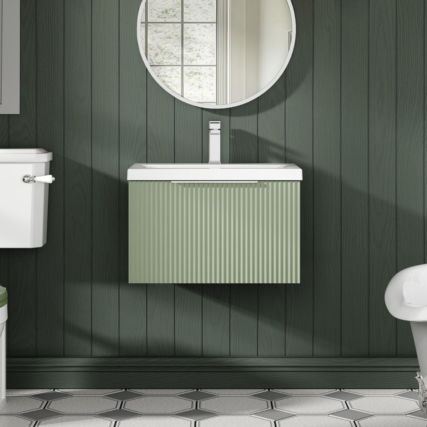 Balterley Fluted Wall Hung 1 Drawer Vanity Basin Unit with Ceramic Basin 600mm - Satin Green
