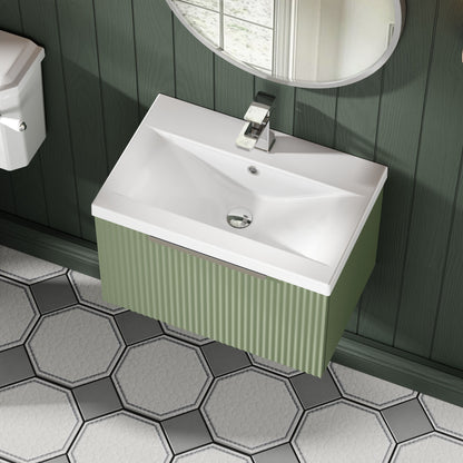 Balterley Fluted Wall Hung 1 Drawer Vanity Basin Unit with Ceramic Basin 600mm - Satin Green