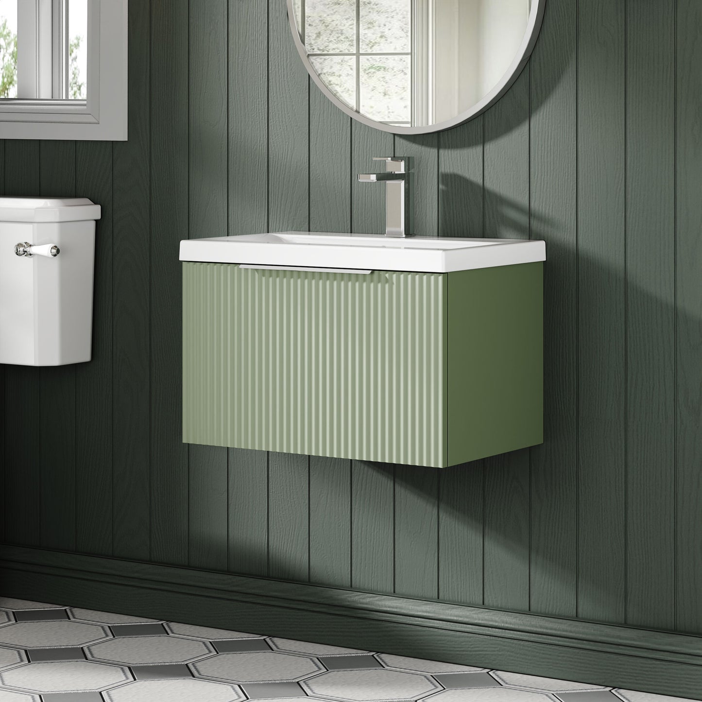 Balterley Fluted Wall Hung 1 Drawer Vanity Basin Unit with Ceramic Basin 600mm - Satin Green