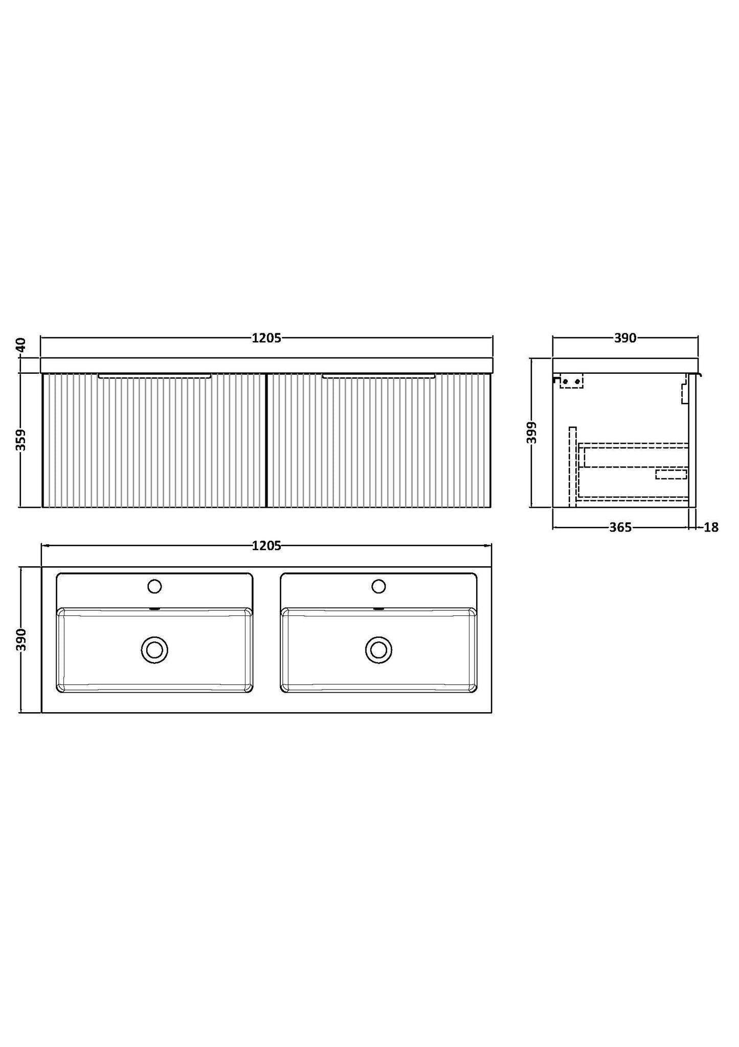 Balterley Fluted Wall Hung 2 Drawer Vanity Basin Unit with Double Polymarble Basin 1200mm - Satin Green