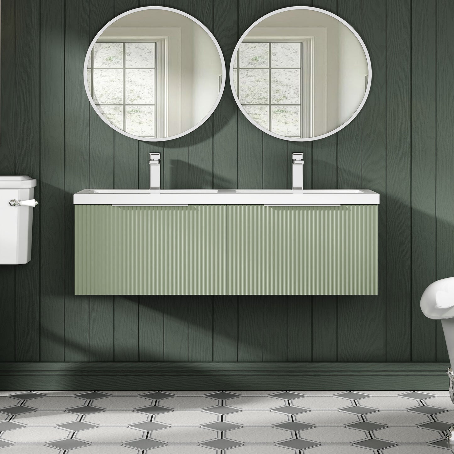 Balterley Fluted Wall Hung 2 Drawer Vanity Basin Unit with Double Polymarble Basin 1200mm - Satin Green