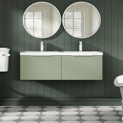 Balterley Fluted Wall Hung 2 Drawer Vanity Basin Unit with Double Polymarble Basin 1200mm - Satin Green
