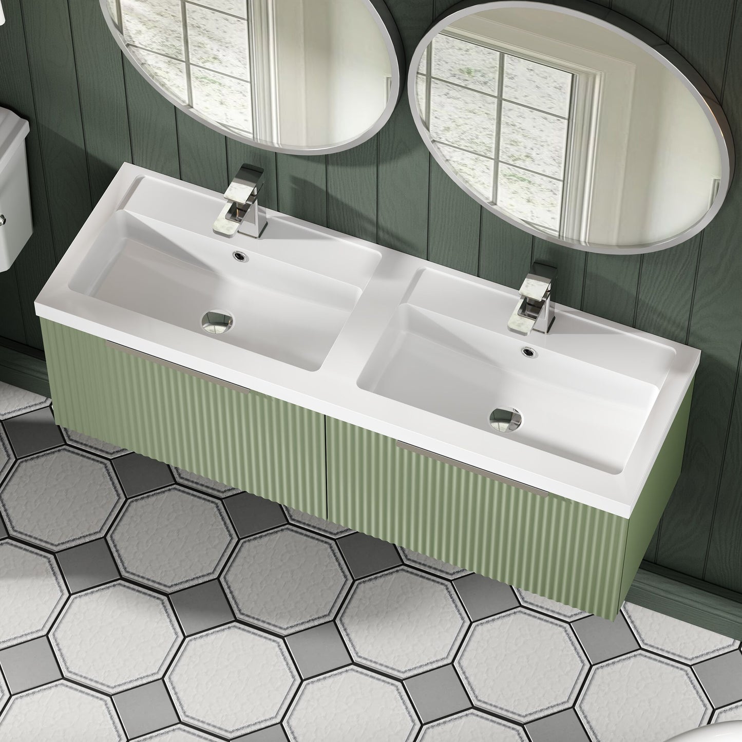 Balterley Fluted Wall Hung 2 Drawer Vanity Basin Unit with Double Polymarble Basin 1200mm - Satin Green