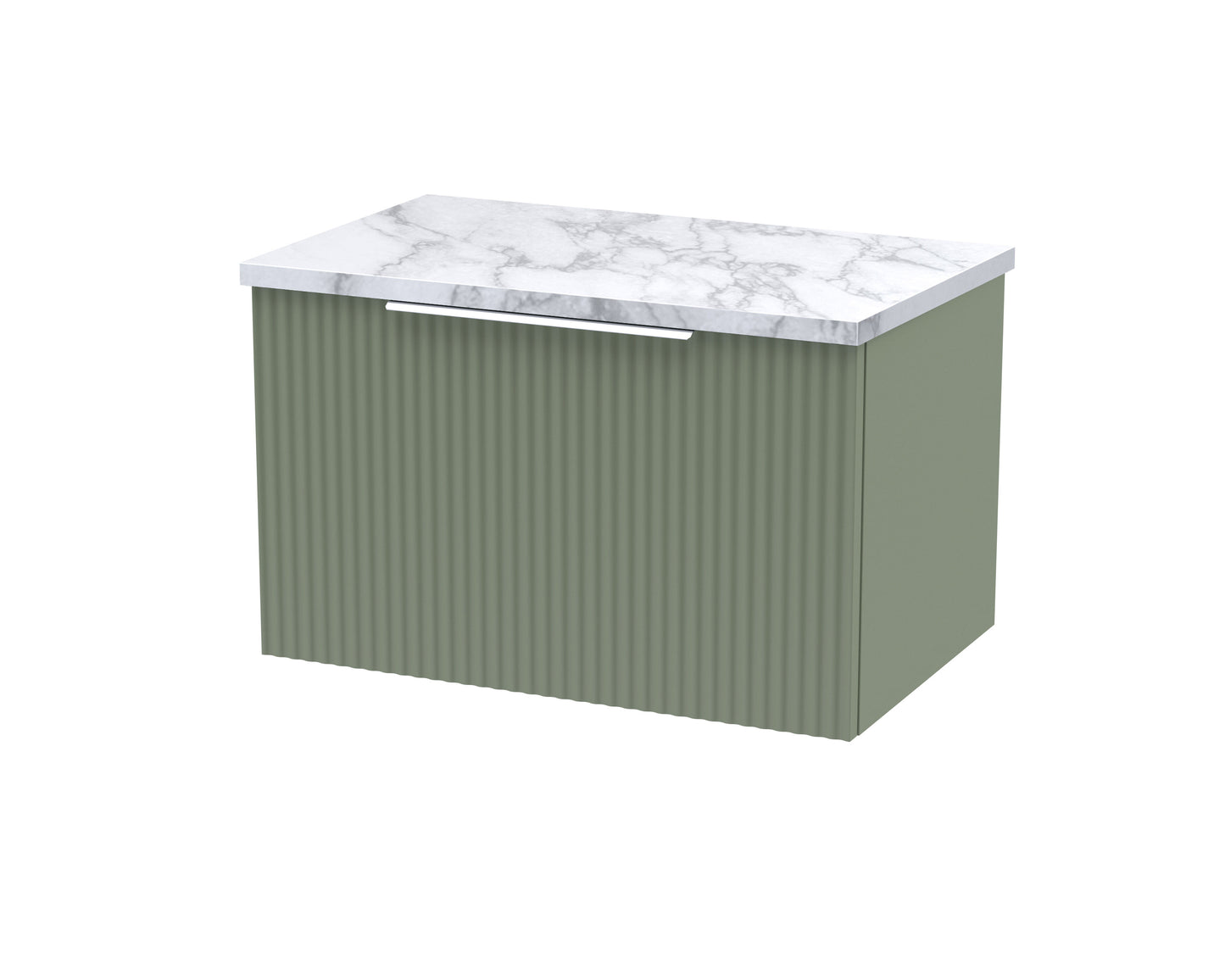 Hudson Reed Fluted 600mm Satin Green Wall Hung Single Drawer Vanity Unit With Laminate Worktop