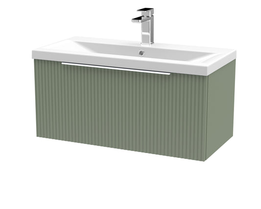 Balterley Fluted Wall Hung 1 Drawer Vanity Basin Unit with Ceramic Basin 800mm - Satin Green