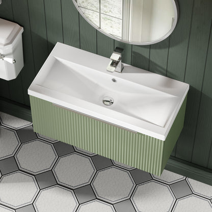 Balterley Fluted Wall Hung 1 Drawer Vanity Basin Unit with Ceramic Basin 800mm - Satin Green