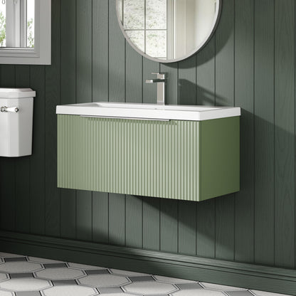 Balterley Fluted Wall Hung 1 Drawer Vanity Basin Unit with Ceramic Basin 800mm - Satin Green