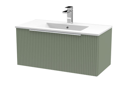 Hudson Reed Fluted 800mm Wall Hung Satin Green Single Drawer Vanity Unit With Basin